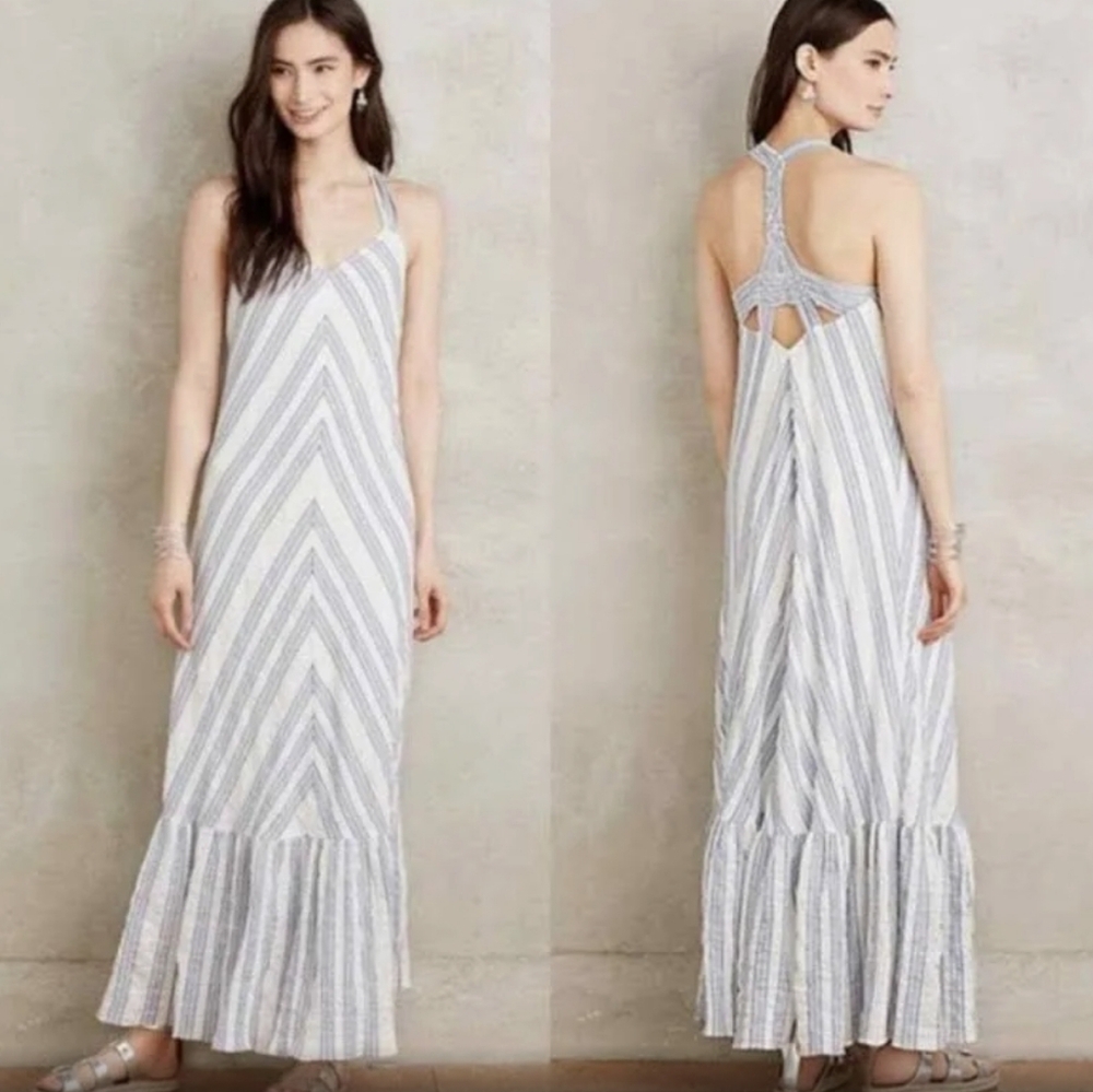 Holding Horses Tiered Ruffle Cutout Open Back Maxi Dress XS Boho Chic Elegant